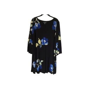 Lauren Ralph Lauren Dress Size 16P Black Blue Floral 3/4 Sleeve A-line Swing